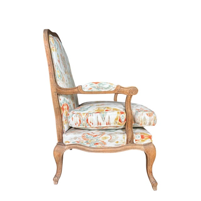 Louis XV-Style French Provincial Fauteuil in Custom Ikat Upholstery For Sale - Image 16 of 18
