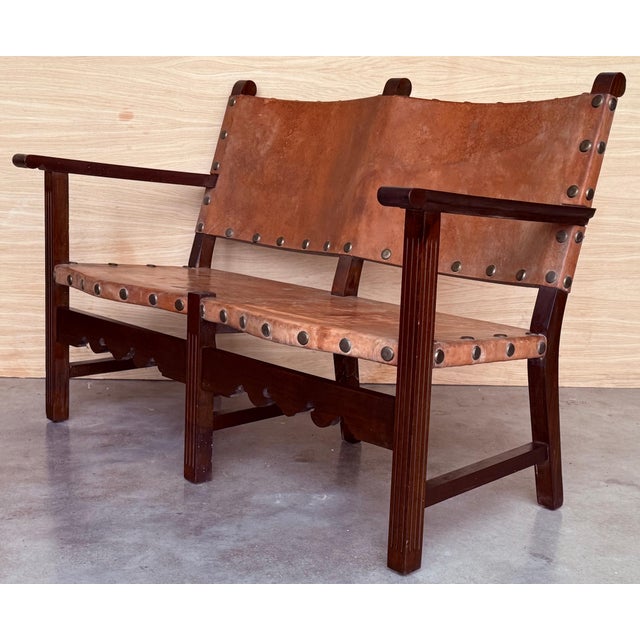 Walnut Leather Brown Spanish Sofa, Bench 18th Century Baroque Cordoba Ironwork For Sale - Image 4 of 18