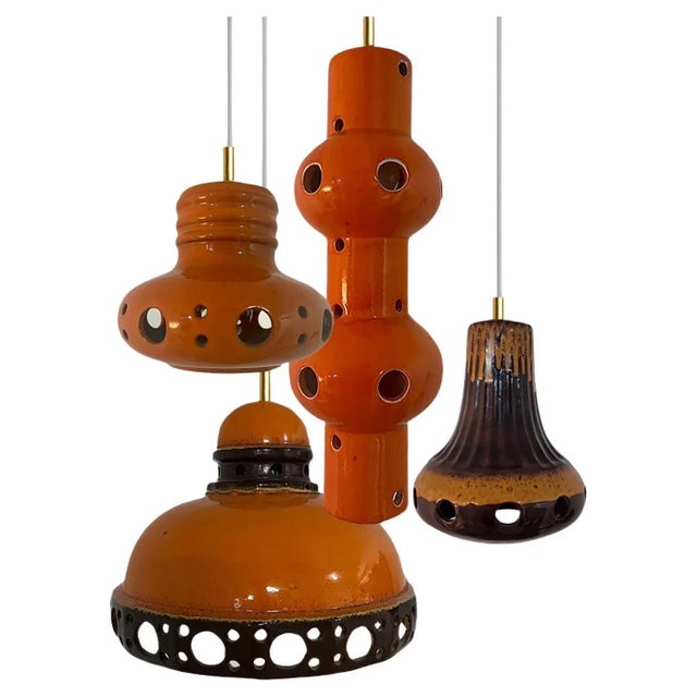 Orange Glazed Ceramic Pendant Lights, Germany, 1970s, Set of 4 For Sale - Image 13 of 13