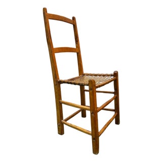 Vintage Rustic Ladder-Back Wood Chair With Hand-Woven Cord Seat For Sale