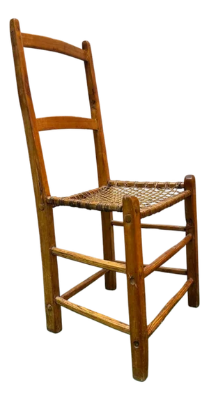 Vintage Rustic Ladder-Back Wood Chair With Hand-Woven Cord Seat