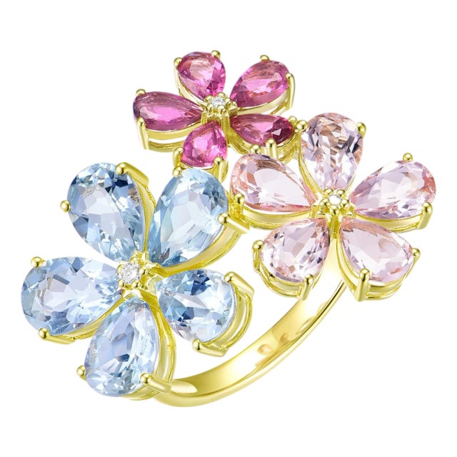 Nina Zhou 6.46ctw Aquamarine, Morganite, Pink Tourmaline & Diamond Flower Cocktail Ring (All Sizes Available) For Sale