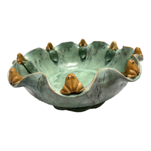Large Vintage Aqua Glazed Pottery Scalloped Frog Bowl