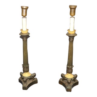 Pair of Antique Candlestick French Empire Patinated and Gilt Bronze Table Lamps For Sale