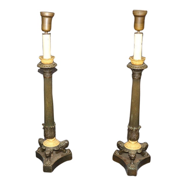 Pair of Antique Candlestick French Empire Patinated and Gilt Bronze Table Lamps For Sale