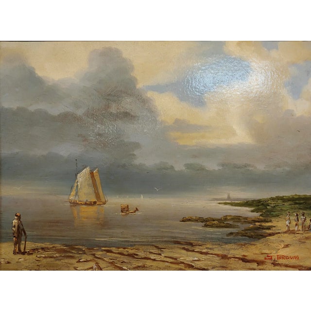 American J. Brown 1920s Tranquil Seashore Scene With Human Activities - Oil Painting For Sale - Image 3 of 9