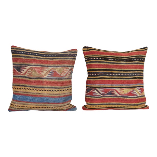 Striped Design Turkish Anatolian Kilim Pillow Cover - a Pair For Sale