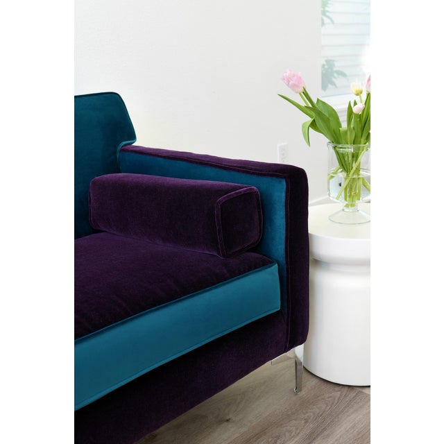 Custom Reimagined 88" Mid-Century Modern Style Two-Tone Teal Velvet and Dark Purple Mohair Sofa For Sale In Seattle - Image 6 of 7
