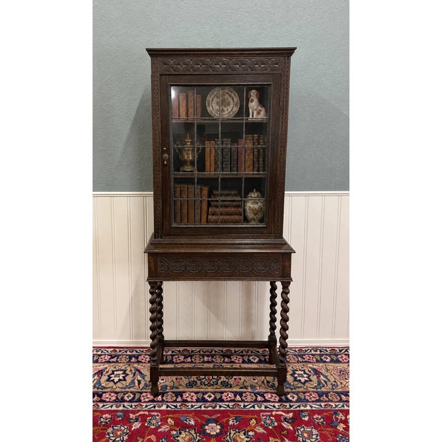 HANDSOME Antique English Oak Jacobean Revival Barley Twist Bookcase Display Cabinet 1900s PERFECT for your favorite...