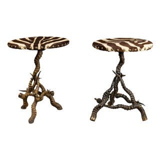 Zebra Skin Circular Top Side Tables with Horn Bases, Two Sold Each For Sale