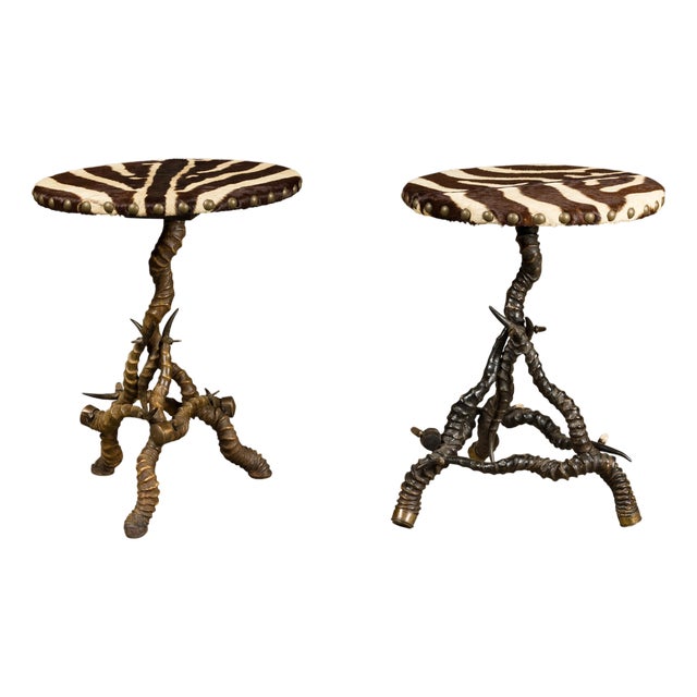 Zebra Skin Circular Top Side Tables with Horn Bases, Two Sold Each For Sale