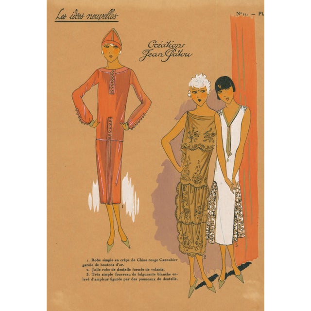 French Art Deco Pochoir Fashion Plate – Red & Gold Fashions-1920's For Sale