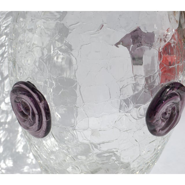 1960s Large Blenko Crackle Art Glass Vase Textured Clear Surface Purple Flowers For Sale - Image 11 of 18