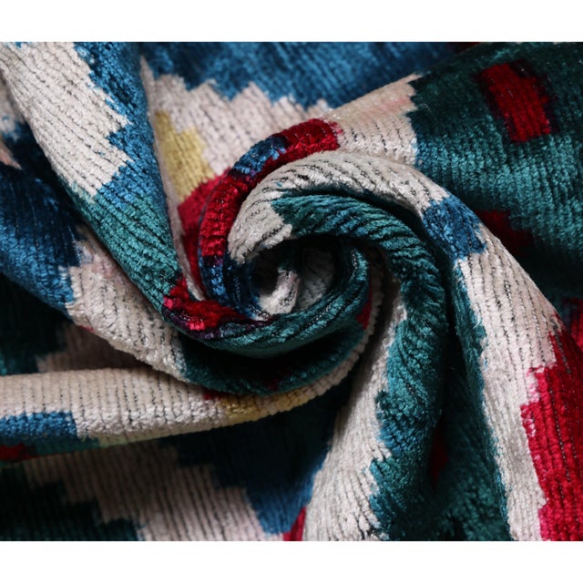 Cornflower Blue Multicolor Ikat Silk Velvet Pillow 20x20 | Handmade Luxury Designer Cushion For Sale - Image 8 of 8