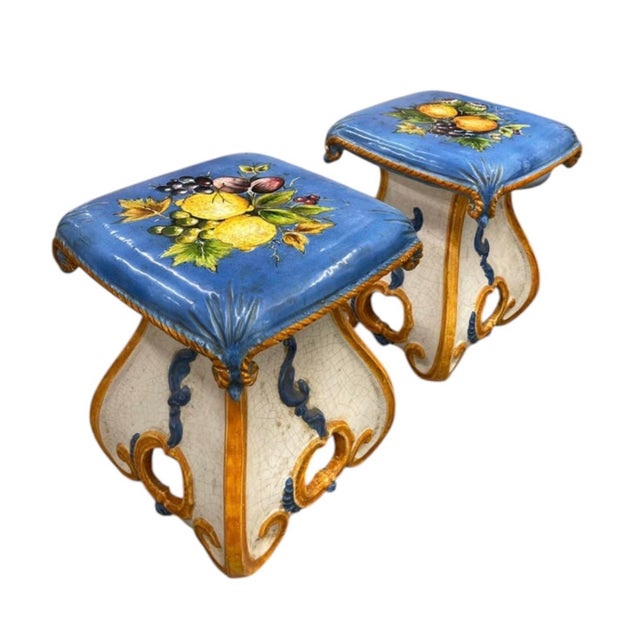 2000 - 2009 Pair of Vintage Italian Majolica Ceramic Fruit Motif Garden Stools For Sale - Image 5 of 12