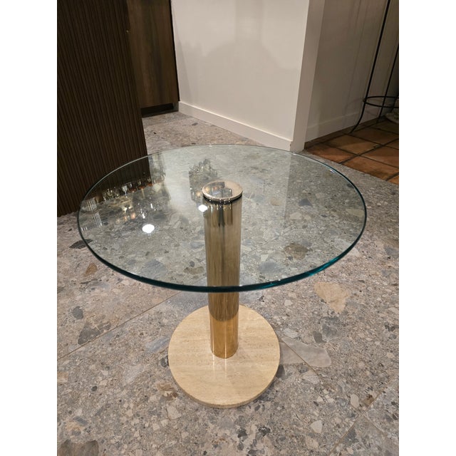 Gold 1980s Attributed to Leon Rosen for Pace Round Glass, Brass and Travertine Side Table For Sale - Image 8 of 10