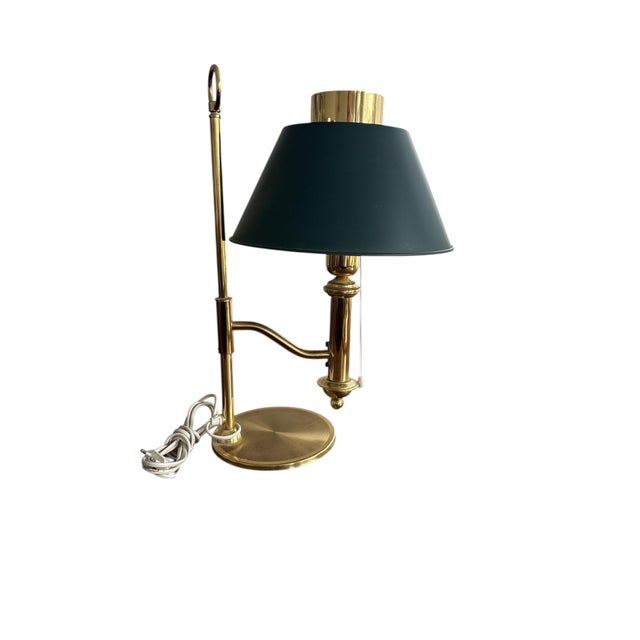Classic brass desk lamp with green shade and pull switch. Timeless English banker style, ideal for desk or study. European...