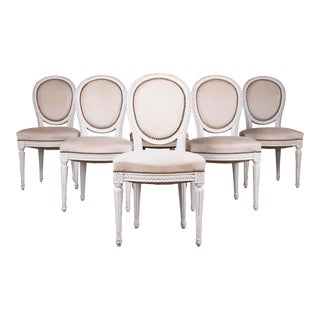 Antique French Louis XVI Style Painted Dining Chairs W/ Beige Fabric - Set of 6 For Sale