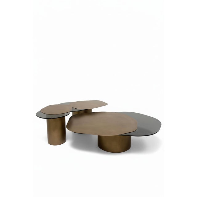 Contemporary Set of 3 Modern Irregular Shaped Kaylee Coffee Table Set in Brass For Sale - Image 3 of 14