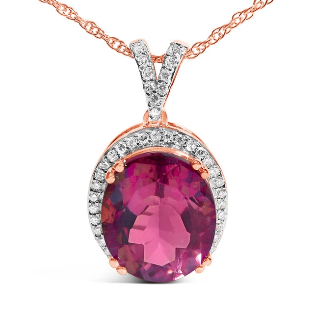 Contemporary 14K Rose Gold Vermeil Sterling Silver 1/5 Cttw Diamond Pink Quartz Oval Pendant Necklace For Sale - Image 3 of 4