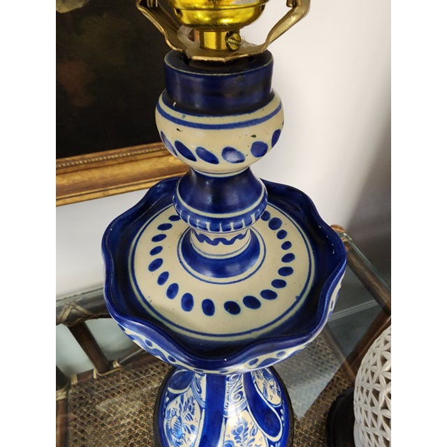 Blue Antique Delft Candlestick Lamp With Navy Silk Shade For Sale - Image 8 of 12