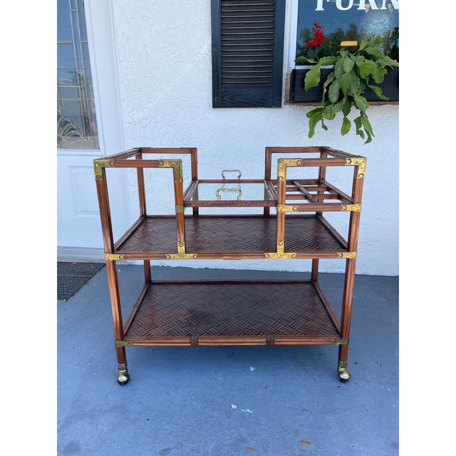 Mid-Century Modern Vintage Korean Campaign Style Bar Cart With Brass Mounts & Parquet Shelves Georgian Furnishing Co. For Sale - Image 3 of 10