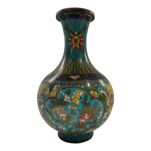 Vintage Chinese Turquoise Pink Yellow Green Cloisonné Vase Vessel