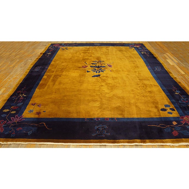 Antique Art Deco Room Size Wool Blue Navy, Yellow Rug, Circa Date: 1920s. This exceptional example of Chinese Art Deco...