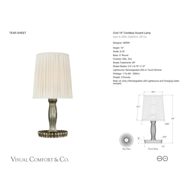 AERIN by Visual Comfort Signature Ovid 14" Cordless Accent Lamp in Silver Lustre with Silk Pleated Shade Designer: AERIN...