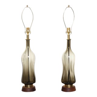 Monumental Blenko Olive Hourglass Glass Table Lamps, 1950s - A Pair For Sale