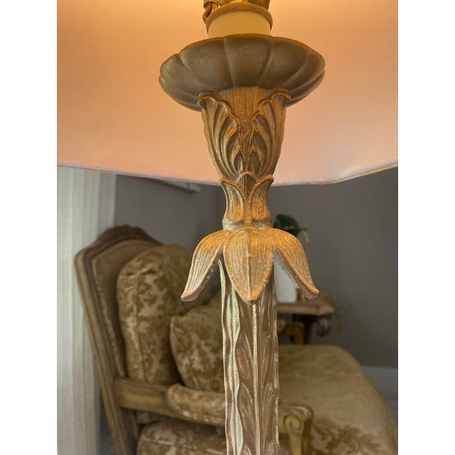 1980s Vintage Table Lamp Gold Tone Traditional Hollywood Regency Decorative Table Lamp Vintage Lighting Floral Motif Damask Shade For Sale - Image 5 of 9