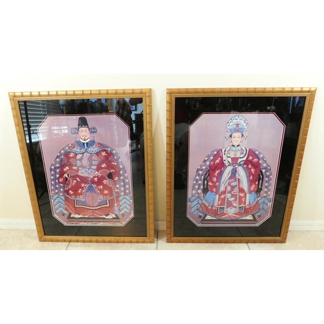 Chinese Large Pair Vintage Oriental Asian Chinese Figural Gold Faux Bamboo Framed Wall Art Pictures For Sale - Image 3 of 8