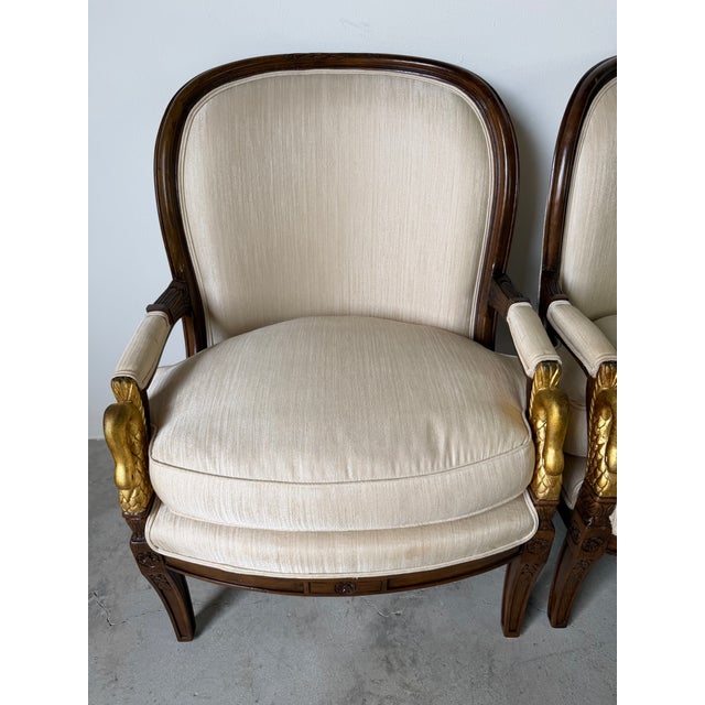 Beige Vintage French Empire Style Swan Armchairs With Gilded Carved Arms – A Pair For Sale - Image 8 of 12