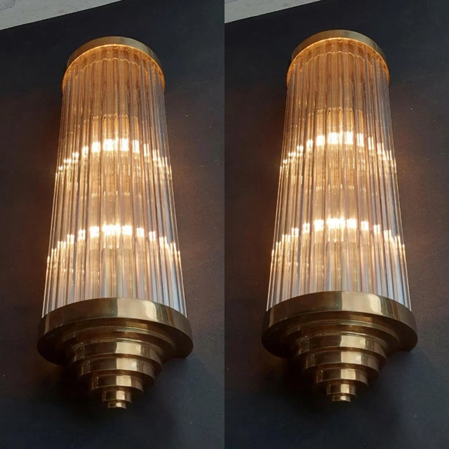 Vintage Art Deco Skyscraper Brass & Glass Rod Fixture Ship Light Wall Sconces - a Pair For Sale - Image 4 of 7