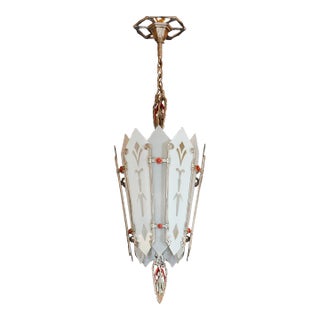 1930s Art Deco Polychrome Pendant Light With Etched Glass For Sale