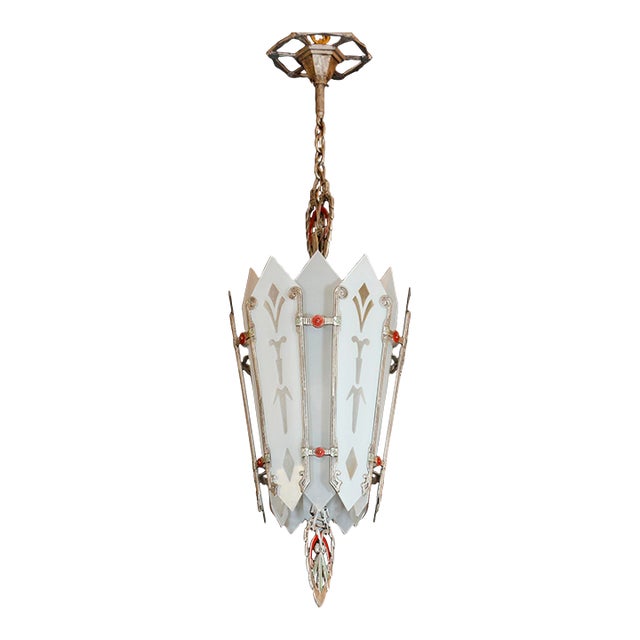 1930s Art Deco Polychrome Pendant Light With Etched Glass For Sale