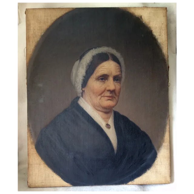 Antique Primitive Oil Painting, Portrait of a Lady in Lace For Sale - Image 6 of 9
