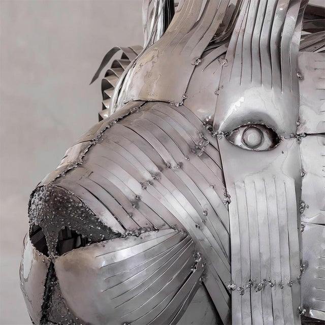Contemporary Recycled Steel Lion Head Sculpture, Handcrafted, One-of-a-Kind For Sale - Image 4 of 9