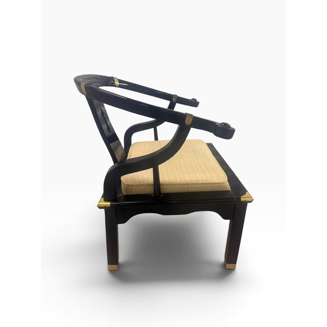 1980s Vintage Spanish Chinoiserie Black Lacquer & Brass Horseshoe Chair, James Mont Style For Sale - Image 5 of 13