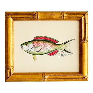Original Hand-Painted Green Colored Fish Painting, Framed For Sale