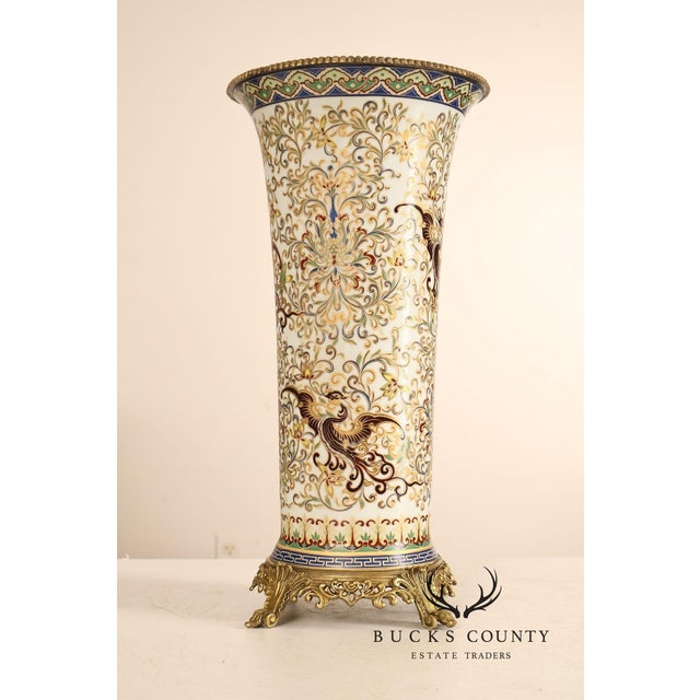 Hand Painted Porcelain Decorative Vase with Gilded Metal Base and Cap For Sale - Image 4 of 17