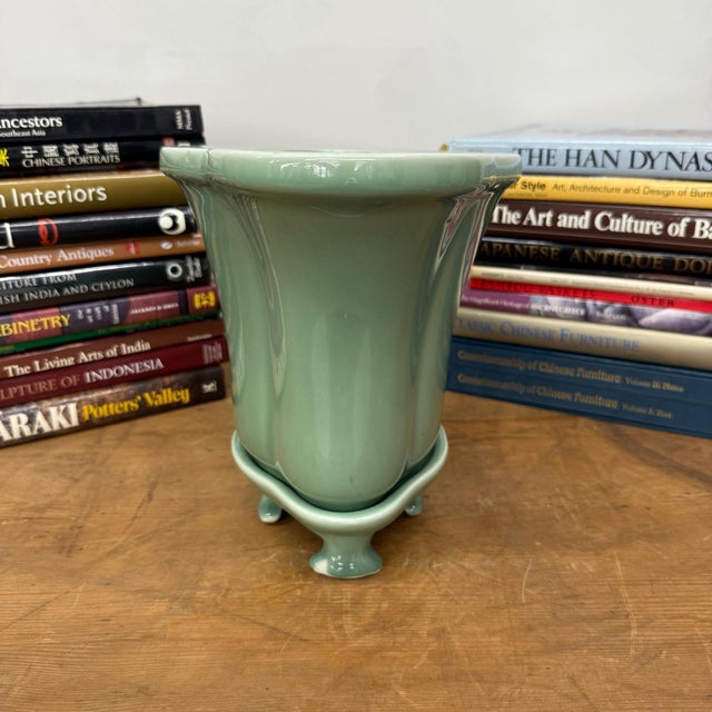 Rustic Green Ceramic Planter with Footed Tray For Sale - Image 3 of 8