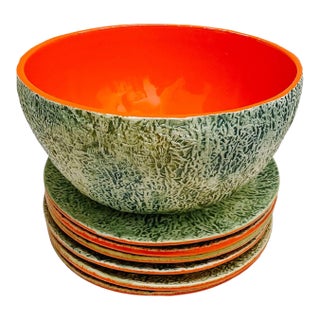 1960s Mid-Century Italian Cantaloupe Melon Majolica Service - 7 Pieces For Sale