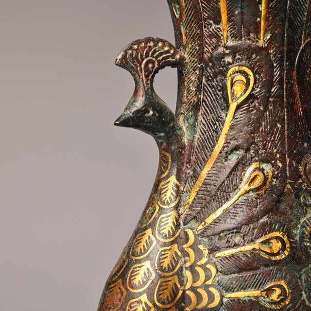 Bronze Gilt‑Inlaid Bronze Peacock Vase For Sale - Image 8 of 9