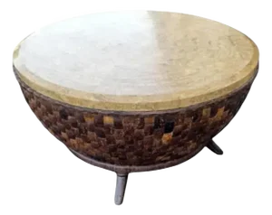 1980s Vintage Coconut Shell and Veneer Marble Drum Coffee Table in the Style of Maitland Smith