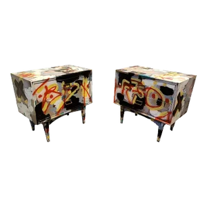 Postmodern Graffiti Artist Painted Vintage Nightstands