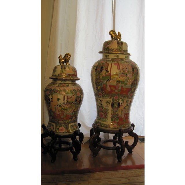 • Item: Chinese Famille Rose Vase / temple jar • Height: 1 is 35 inches tall, 2 is 26 inches tall. • wide: 1. is 23...