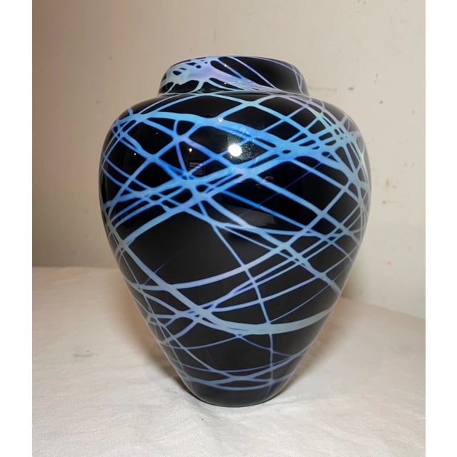 Mid-Century Modern Large Vintage Hand Blown Signed Colin Stone 1985 Iridescent Opal Web Glass Vase For Sale - Image 3 of 10