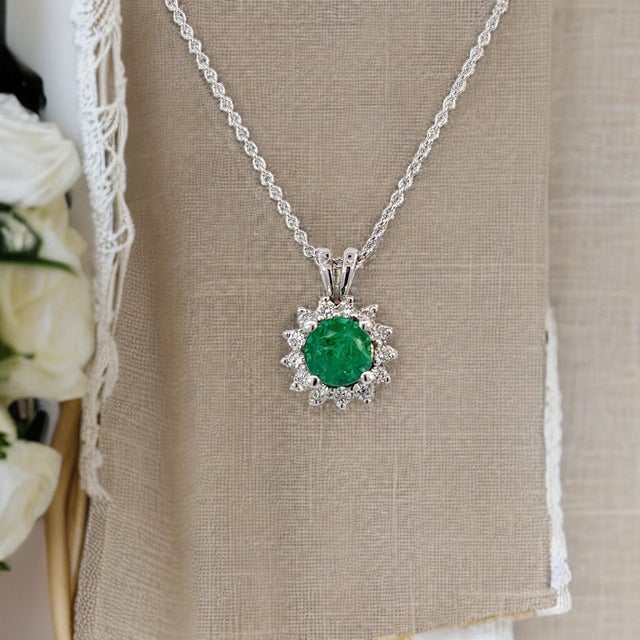 Metal Natural Emerald Diamond Pendant With Chain 17.5" 14k WG 1.35 TCW Certified For Sale - Image 7 of 14