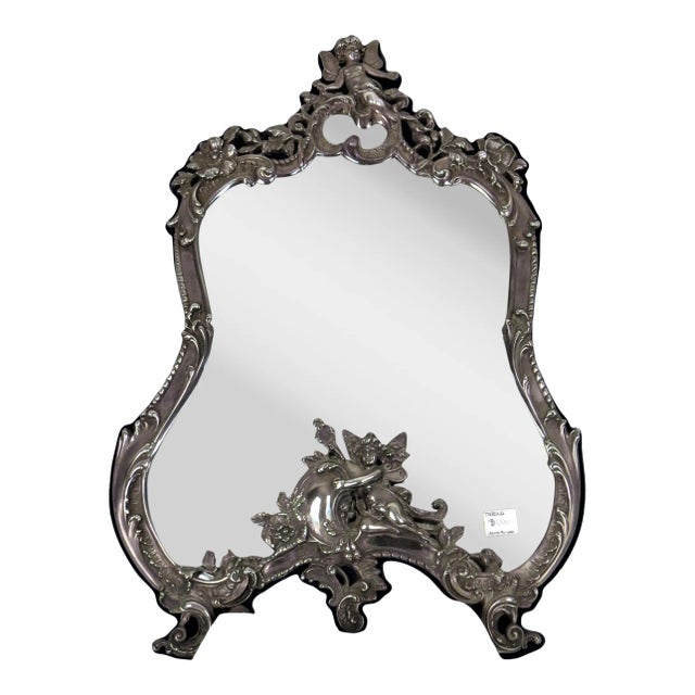 1950s Vanity Sterling Silver Mirror With Easel Stand and Cherubs For Sale